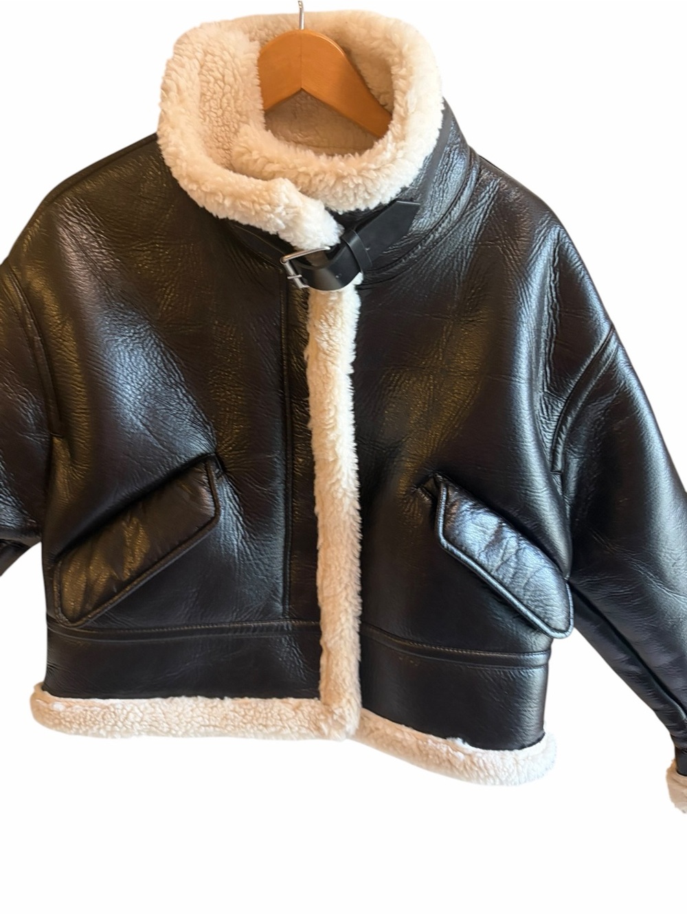 ZARA Black Faux Leather Cream Fleece Lined Sz Small Blogger Favorite - Picture 4 of 10